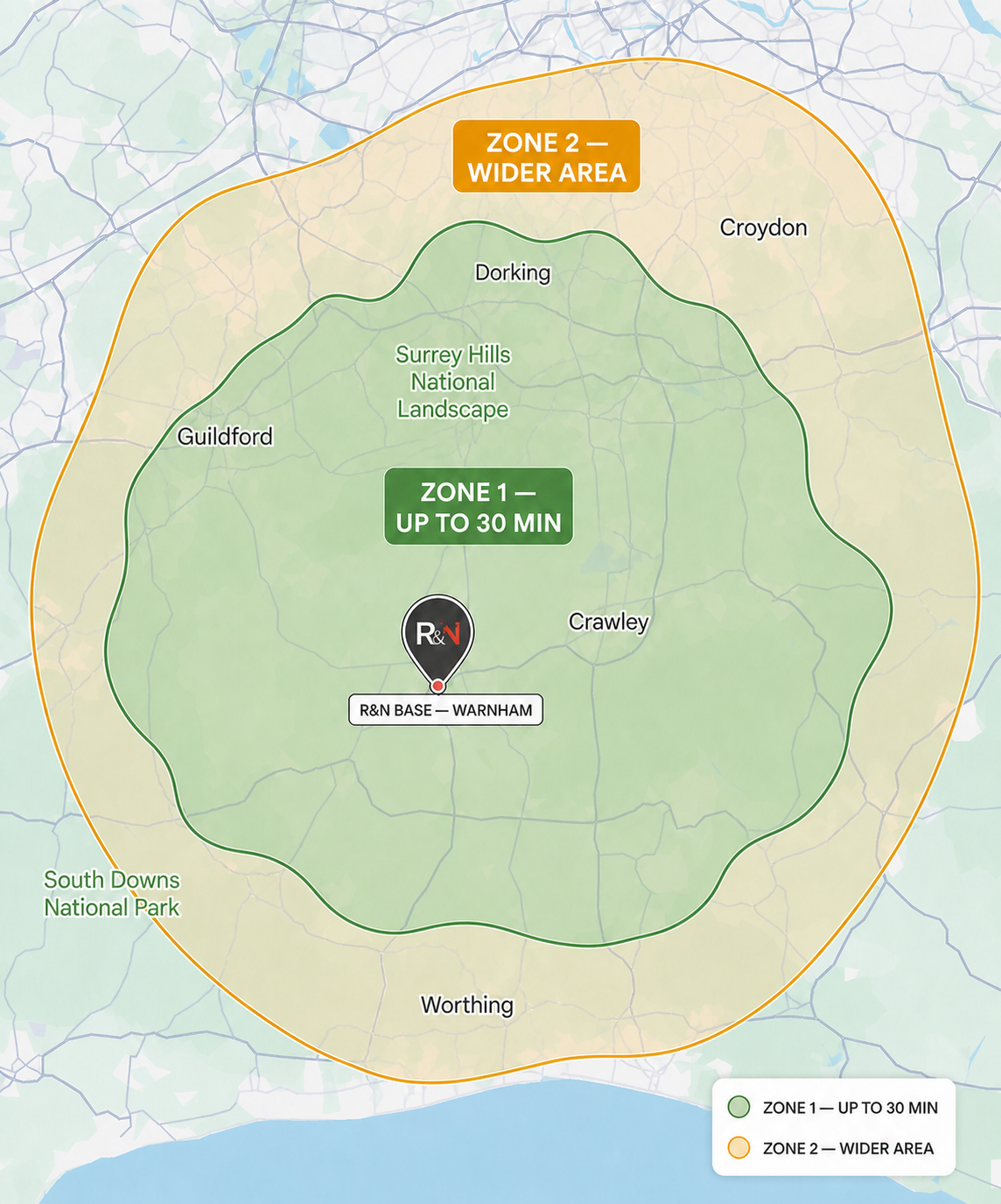 R&N Zone 1 and Zone 2 cleaning service area around Warnham